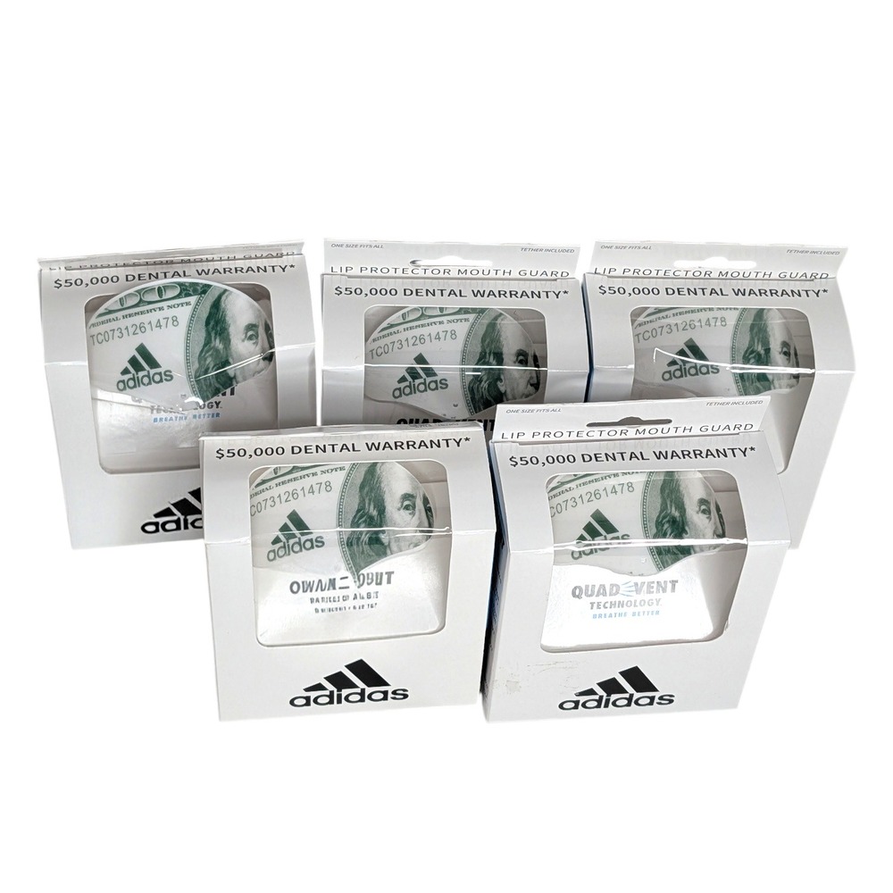 Lot of 5 Adidas White Money Lip Protector Mouth Guard Quad Vent Technology New‎